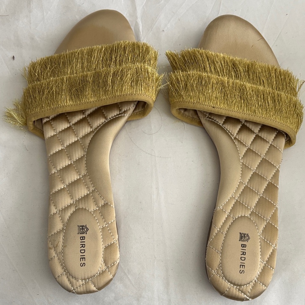 Birdies Mustard Gold Fringe Slide Mules